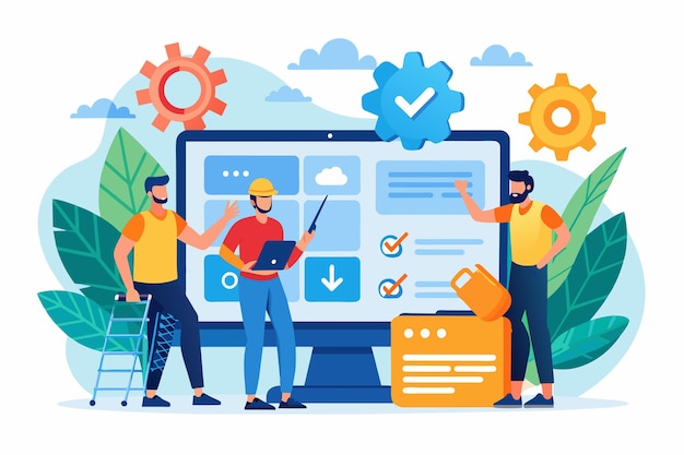 Groupe de personnes analysant les données sur l'écran d'ordinateur techniciens corrigent les erreurs sur le site Web Illustration vectorielle plate simple et minimaliste