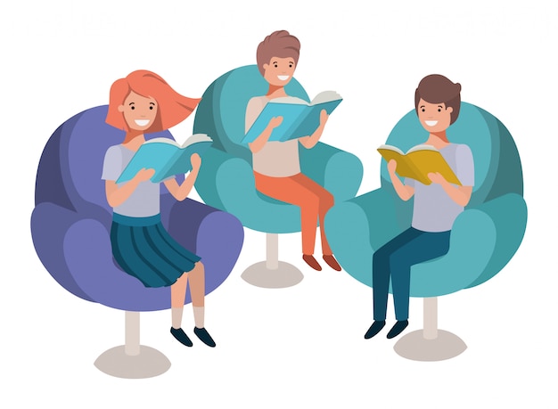 Groupe De Personnes Assises Dans Le Canapé Avec Personnage Avatar De Livre