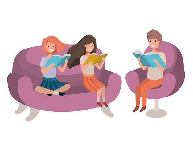 Groupe de personnes assises dans le canapé avec personnage avatar de livre