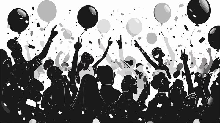 un groupe de personnes avec des ballons et des ballons en arrière-plan