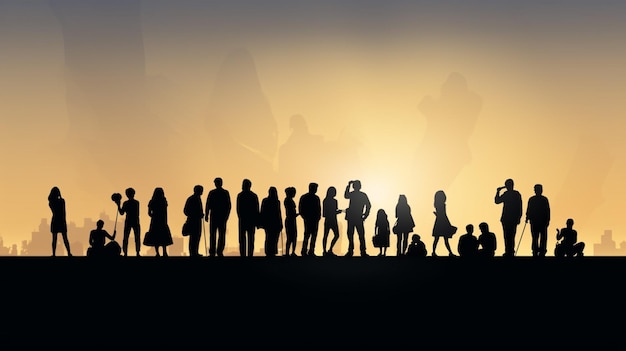 Vecteur un groupe de personnes debout devant un fond de coucher de soleil