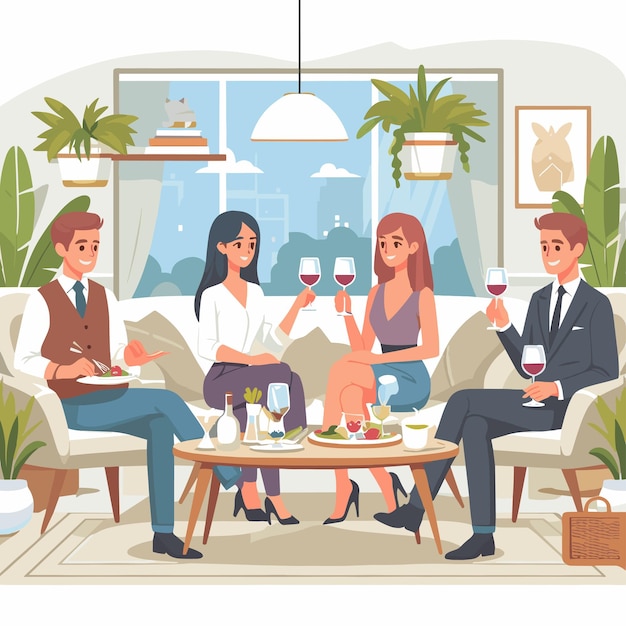 Un groupe de personnes est assis autour d'une table avec des verres de vin et de la nourriture