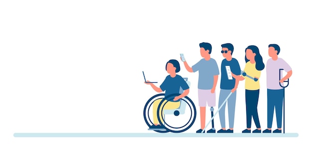 Groupe de personnes handicapées en fauteuil roulant et autre handicap. Handicap et insertion emploi sur le travail