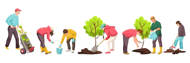 Un groupe de personnes plantant des arbres ensemble sur un fond blanc Illustration vectorielle