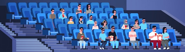 Groupe de personnes portant des lunettes 3d regarder un film assis au cinéma avec pop-corn et cola mix race hommes femmes s'amusant de rire à la nouvelle comédie plate pleine longueur horizontale