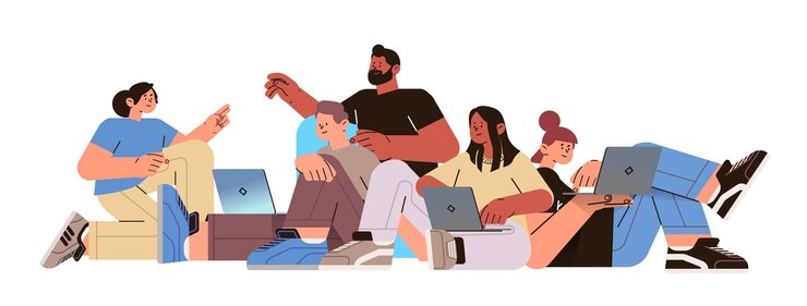 groupe de personnes de race mélangée à l'aide d'ordinateurs portables communication sur les médias sociaux dépendance numérique concept indépendant illustration vectorielle horizontale pleine longueur