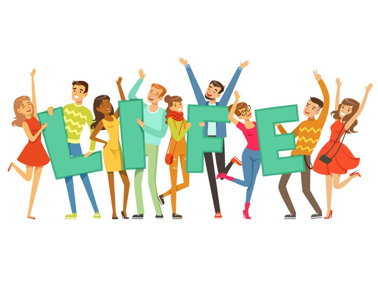 Vecteur groupe de personnes souriantes tenant le mot vie dessin animé coloré illustration