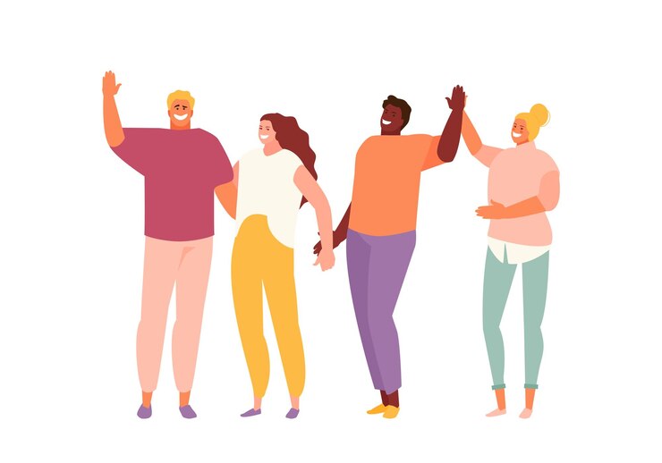 Vecteur groupe de personnes souriantes tenant par la main. unité multiculturelle et sociale, amitié et soutien