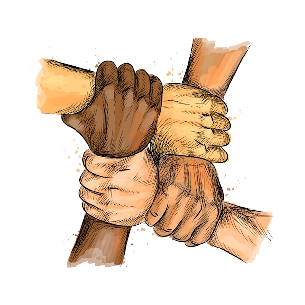 Groupe de personnes United Hands ensemble exprimant des concepts positifs de travail d'équipe.