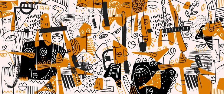 Vecteur groupe de portraits abstraits de visages dessin en ligne illustration vectorielle géométrique pour cartes d'impression murale