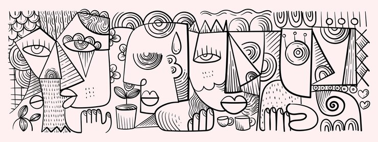 Vecteur groupe de portraits de visages abstraits style d'art cubiste art de ligne décoratif art de mur vectoriel dessiné à la main