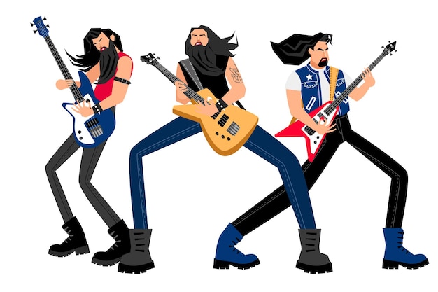 Vecteur groupe de rock créatif. hommes de dessin animé avec des guitares électriques, concept de logo avec des musiciens adultes, illustration vectorielle de divertissement avec de la musique isolée sur fond blanc