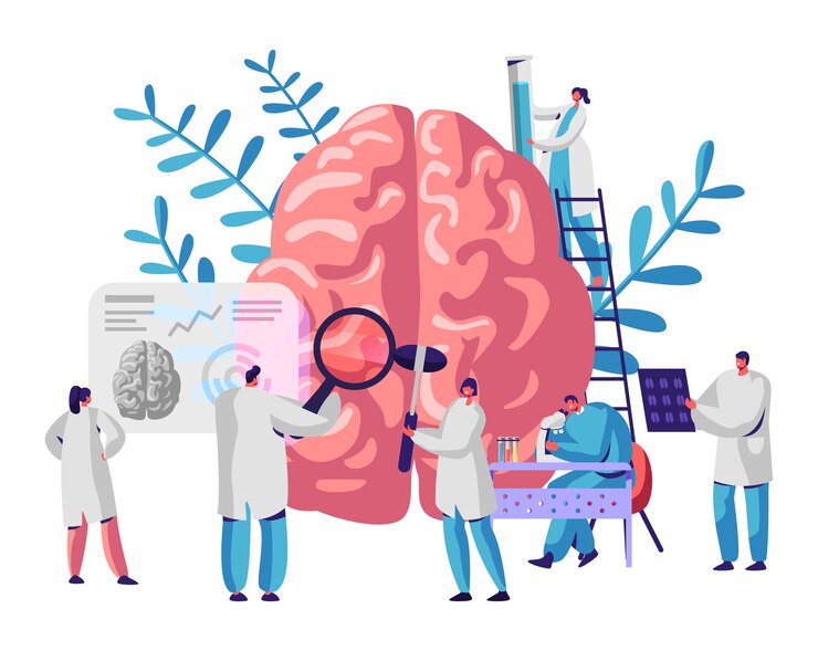 Vecteur un groupe de scientifiques de laboratoire étudie le cerveau humain et la psychologie. microscope de recherche médicale. tomographie de la tête. expérience chimique. hémisphère de développement de diagnostics. illustration vectorielle de dessin animé plat