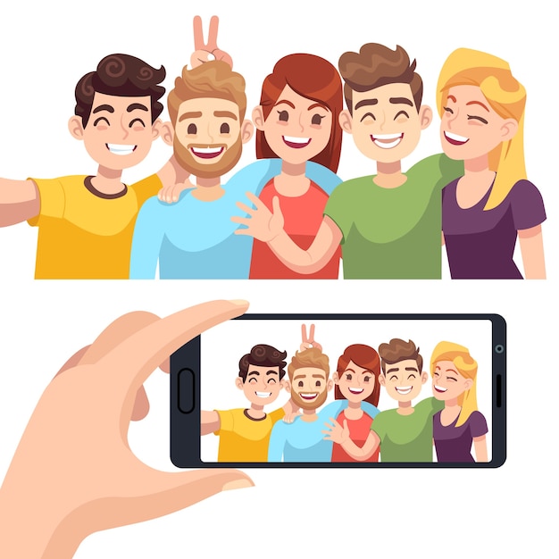 Vecteur groupe selfie sur smartphone en mode portrait