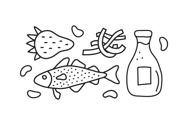 Vecteur groupe de sources alimentaires d'iode contour doodle