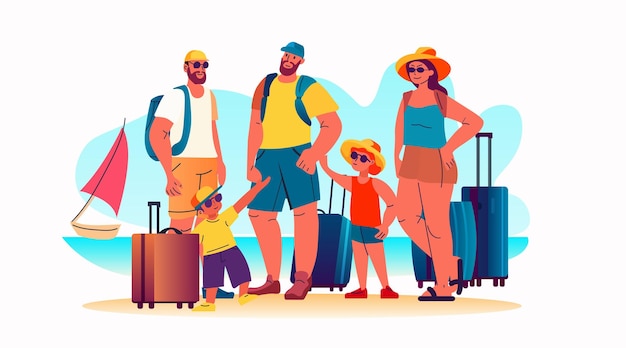 Vecteur groupe de touristes avec enfants et bagages debout ensemble vacances d'été vacances temps de voyage concept