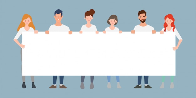 Groupe de travail d'équipe de gens d'affaires tenant grande bannière espace vide caractère plat vector illustration.