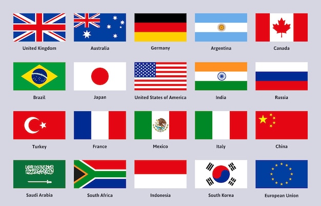 Groupe de vingt drapeaux. Principaux pays du monde avancé et émergent, ensemble d'illustrations vectorielles Chine, Brésil et Italie. Emblème du drapeau des pays du G20. Russie et France, Canada et Argentine, Japon et Corée