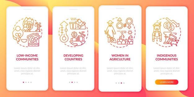 Groupes de risque de pauvreté climatique intégrant l'écran de la page de l'application mobile avec des concepts. Femme en étapes de la procédure pas à pas de l'agriculture. Modèle d'interface utilisateur avec couleur RVB