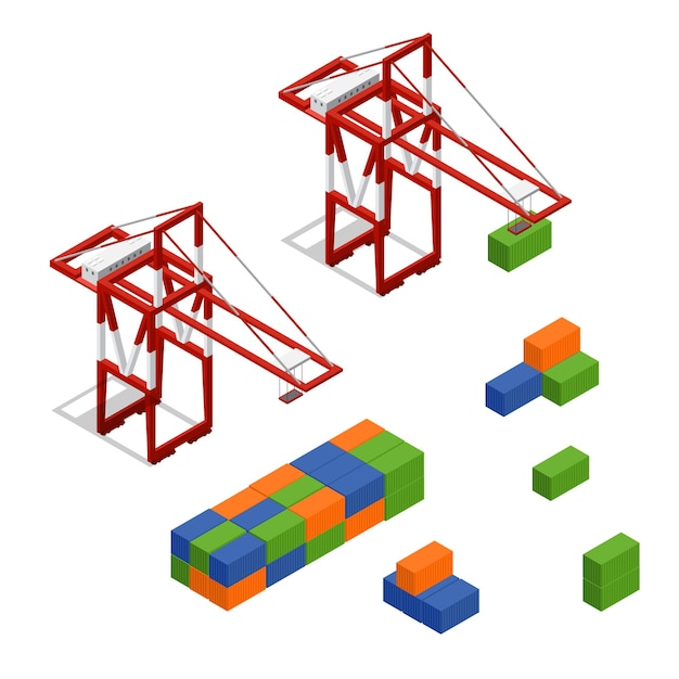 Grue Portuaire Et Chargement De Conteneur De Fret De Couleur Concept De Vue Isométrique Transport De Marchandises. Illustration Vectorielle