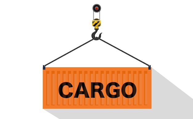 La grue portuaire soulève un conteneur de fret orange avec le mot Cargo Logistics concept Fond blanc Illustration vectorielle