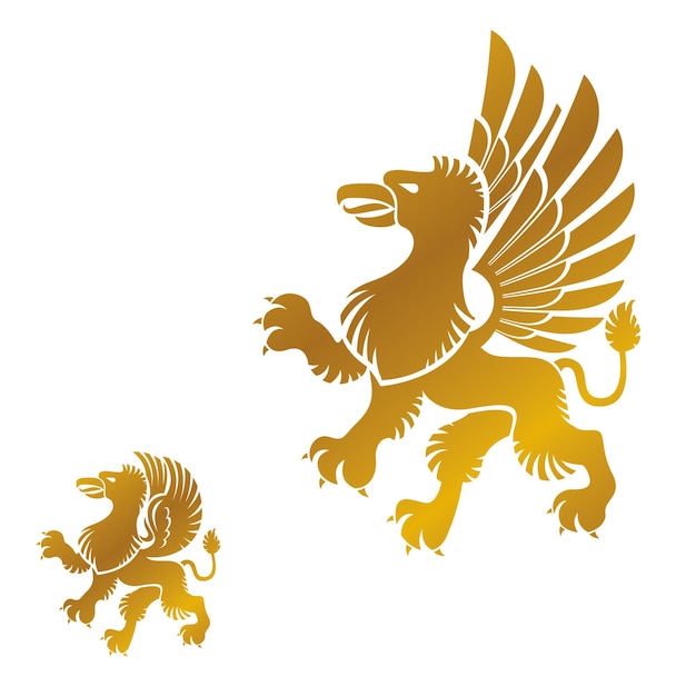 Gryphon Ailé, Ensemble D'éléments D'emblèmes Anciens D'animaux Mythiques. Collection D'éléments De Conception De Vecteur Héraldique. étiquette De Style Rétro, Logo Héraldique.