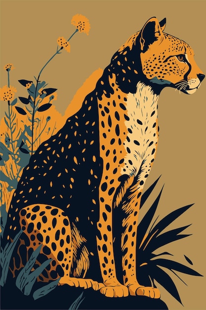 Guépard animal sauvage plat vector illustration fond affiche matisse