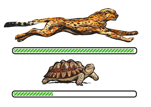 Vecteur guépard et tortue dessinés à la main sur une barre de chargement rapide et lente