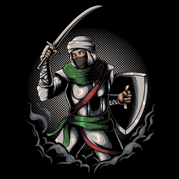 Vecteur guerrier musulman arabe tenant illustration vectorielle épée et bouclier