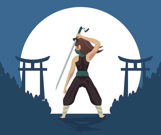 Vecteur guerrier ninja avec scène de nuit à l'épée
