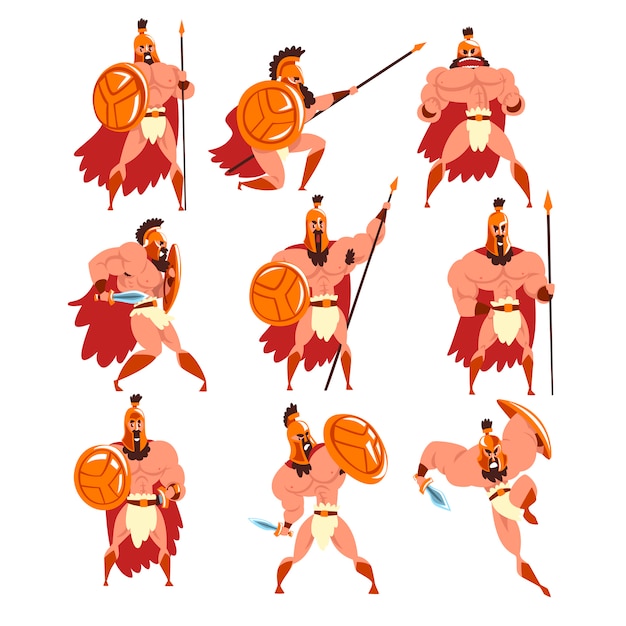 Vecteur guerriers spartiates en armure dorée et ensemble de cape rouge, personnages de soldats anciens illustrations