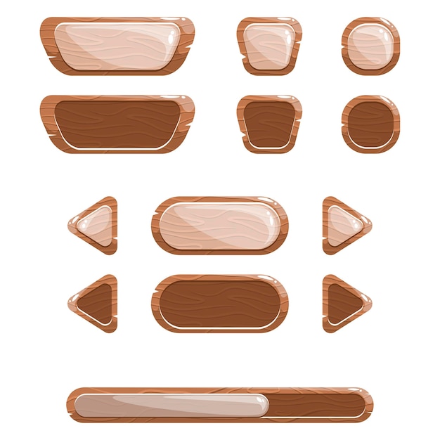 GUI, ensemble de boutons en bois avec des effets brillants.