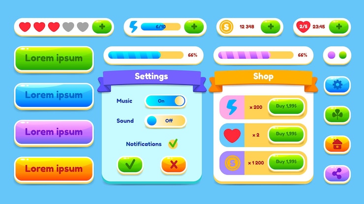 Vecteur gui kit casual assets pour un téléphone mobile de jeu, un ensemble d'éléments pour l'interface de jeu - vecteur ui