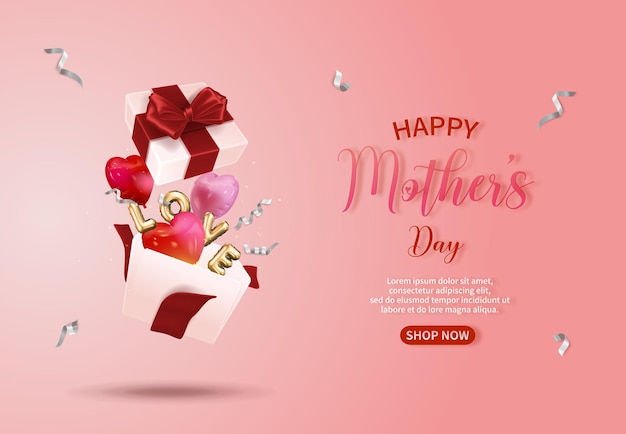 Guide de vente rose pour la fête des mères, boîte cadeau ouverte avec des ballons et des rubans volants.