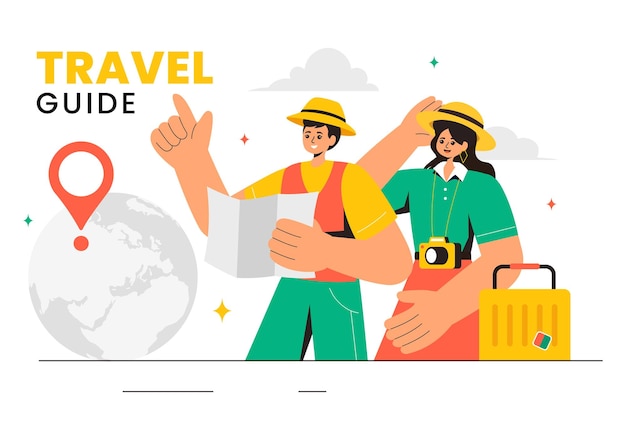 Guide de voyage et illustration vectorielle de tourisme montrant des lieux intéressants à un groupe de touristes pour la planification de vacances dans un fond de dessin animé de style plat
