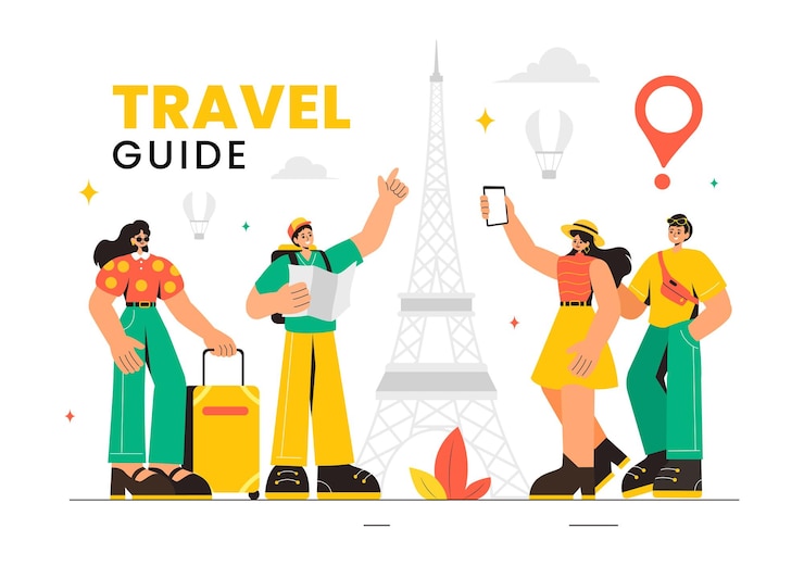 Vecteur guide de voyage et illustration vectorielle de tourisme montrant des lieux intéressants à un groupe de touristes pour la planification de vacances dans un fond de dessin animé de style plat