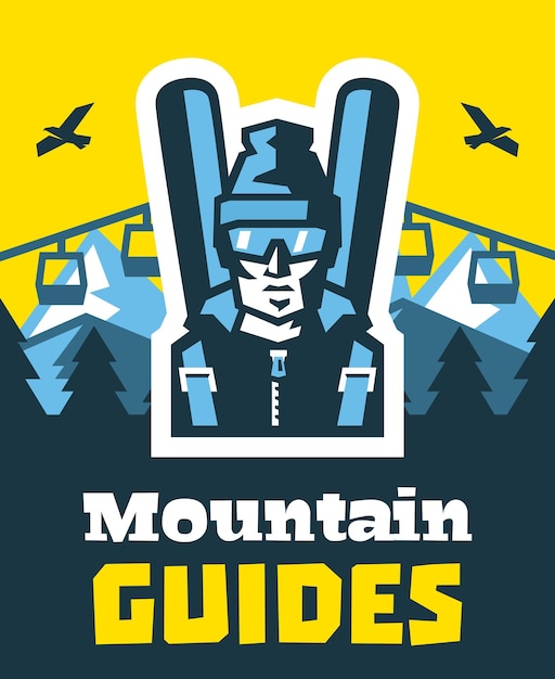 Guides De Montagne Logo Skieur Dans Des Verres Air Frais à L'horizon Hiver Vue Sur La Nature Forêt De Pins Illustration Vectorielle Style Plat