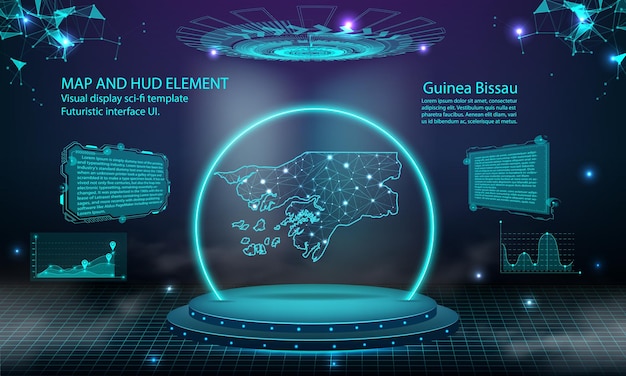 Guinée Bissau carte lumière connexion effet arrière-plan abstrait technologie numérique UI GUI futuriste HUD Interface virtuelle avec carte de Guinée Scène futuriste podium dans le brouillard