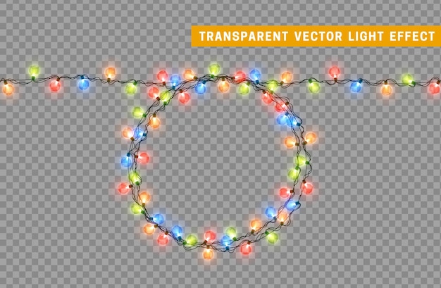 Guirlande de décoration isolée de lumières de Noël. Lampes brillantes ampoule LED au néon de couleur. Décor de vacances de Noël. Effet de lumière de conception 3d réaliste. Lampes guirlandes Nouvel An élément décoratif. illustration vectorielle