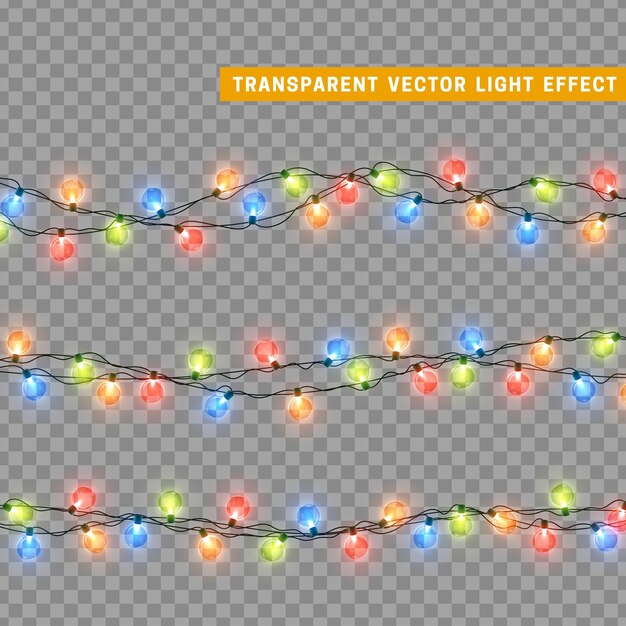 Guirlande de décoration isolée de lumières de Noël. Lampes brillantes, ampoule LED néon colorée. Décor de vacances de Noël. Effet de lumière de conception 3D réaliste. Guirlandes de lampes élément décoratif du Nouvel An. illustration vectorielle