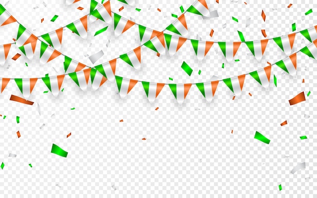 Guirlande De Drapeaux De L'inde Fond Blanc Avec Des Confettis, Accrocher Des Banderoles Pour La Bannière De Modèle De Célébration De La Fête Nationale De L'inde,