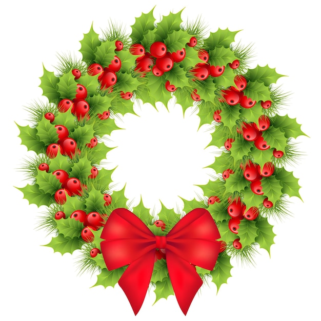 Guirlande de Noël avec des branches de sapin de houx arc rouge Illustration vectorielle de vacances ilex