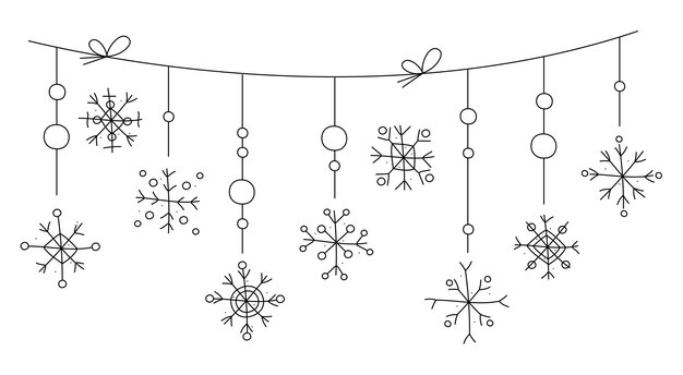 Guirlande de Noël Doodle avec des flocons de neige suspendus à une corde Illustration de clipart vectorielle en noir et blanc