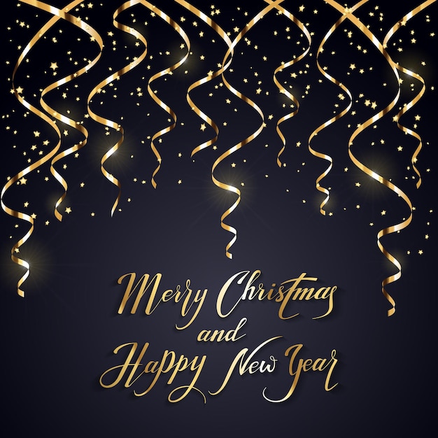 Guirlandes Et Confettis De Noël Dorés Sur Fond Noir, Lettrage Doré Joyeux Noël Et Bonne Année Avec Décoration De Vacances, Illustration.