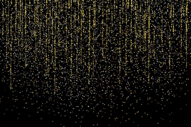 Guirlandes De Paillettes D'or Suspendues à Des Lignes Verticales. Lumières De Confettis Tombant Isolées Sur Fond Noir. Texture éclatante De Luxe. Poussière, Bokeh, étincelles, étoiles. Fond De Vacances De Vecteur.