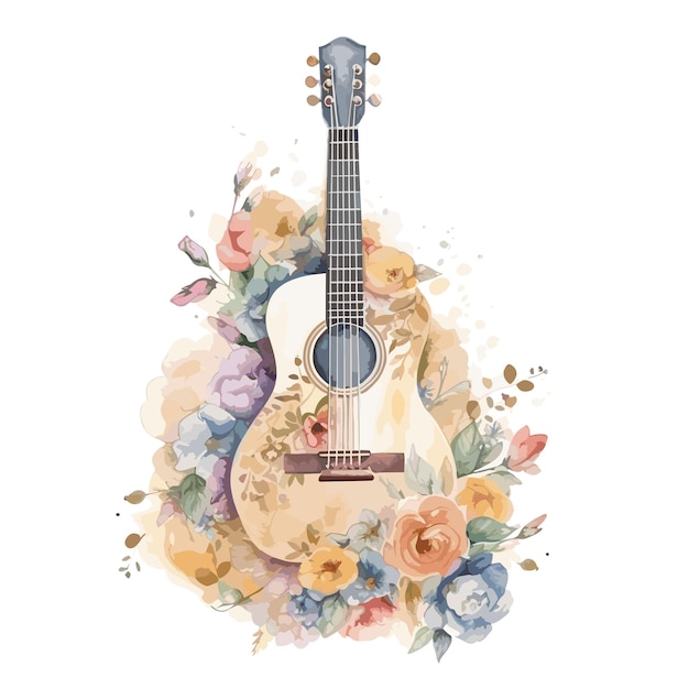 Vecteur guitare aquarelle sur fleur floral