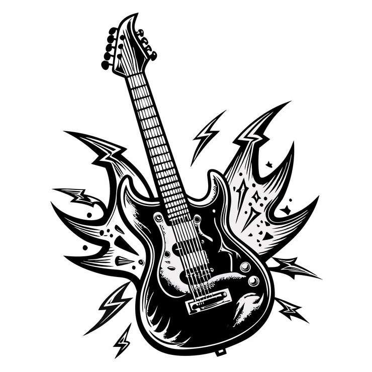 Vecteur guitare électrique dynamique avec illustration du vecteur d'énergie explosive
