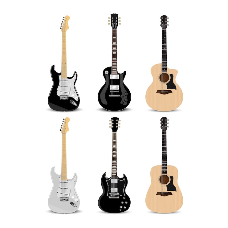 Vecteur guitare électrique réaliste et guitare acoustique isolé sur fond blanc, illustration vectorielle
