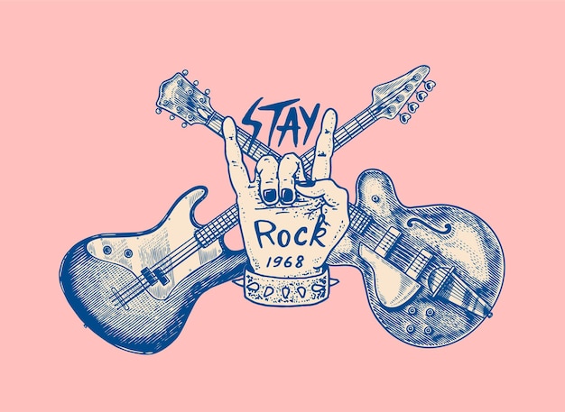 Vecteur guitare et main pour croquis grunge dessiné festival de jazz avec un tatouage ou un tshirt