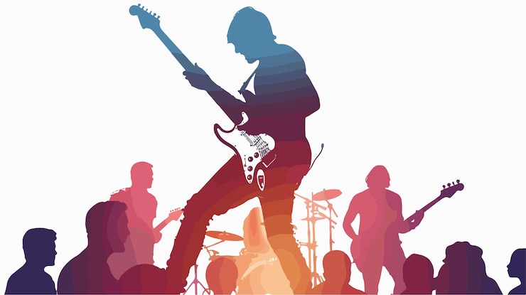 Vecteur guitariste professionnel se produisant sur scène avec l'interaction du public